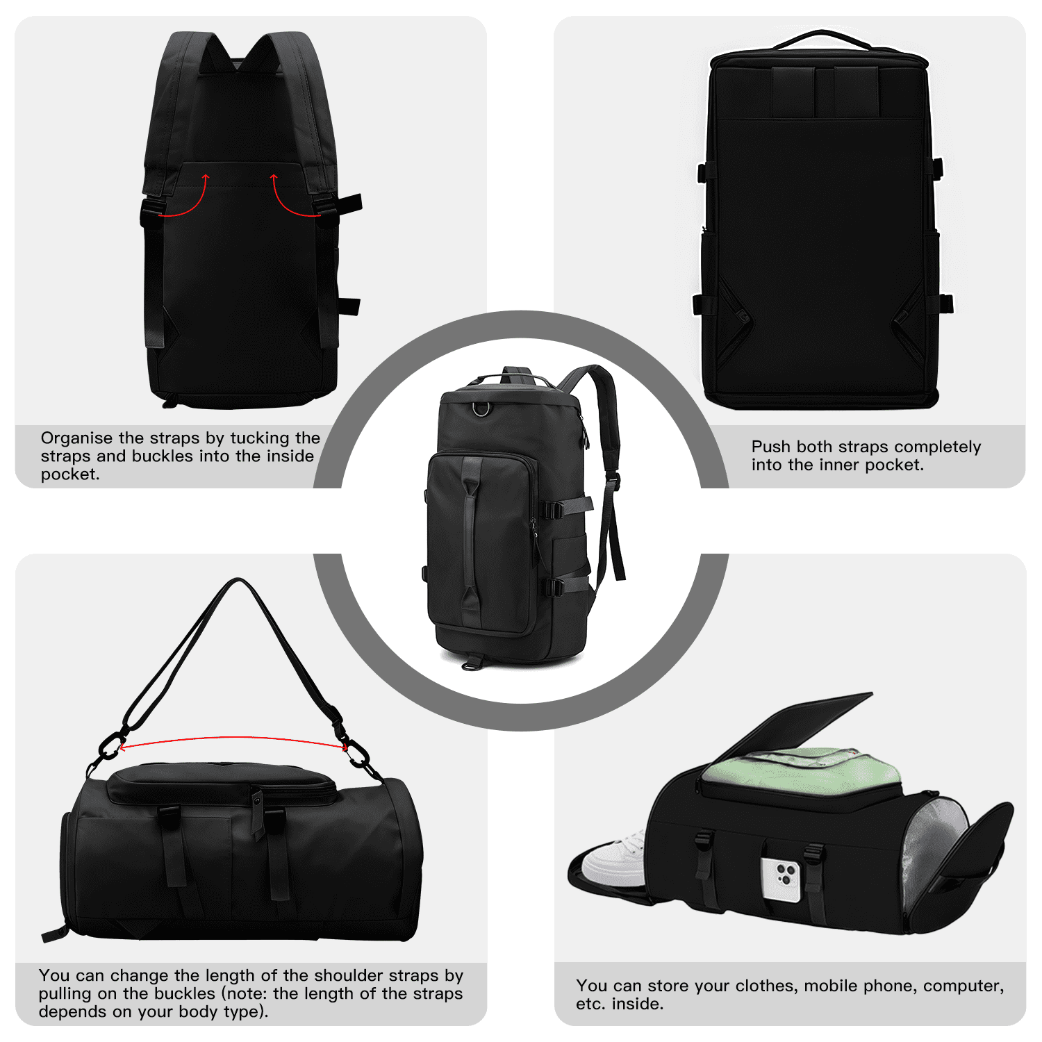 AGOPLEE Gym Bag for Men & Women, Ventilated Shoe Compartment & Wet Pocket, Water-Resistant Travel Backpack Weekender Overnight Bag for Workout, Football, Basketball (Black)