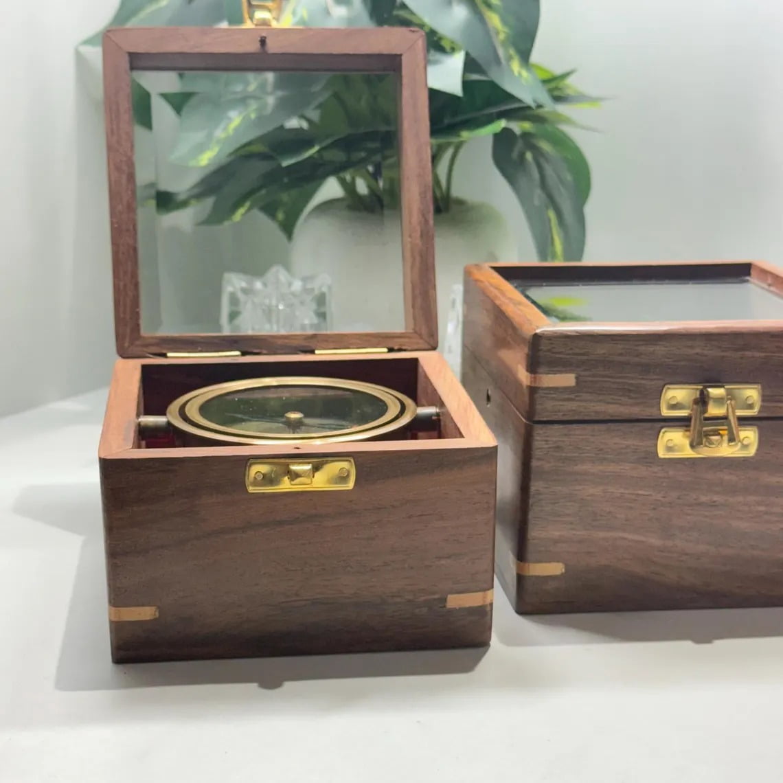 Personalized Brass Gimbal Compass with Wooden Box, 3 Inch Nautical Compass Gift for Him, Anniversary Gift, Maritime Decor, Birthday gift