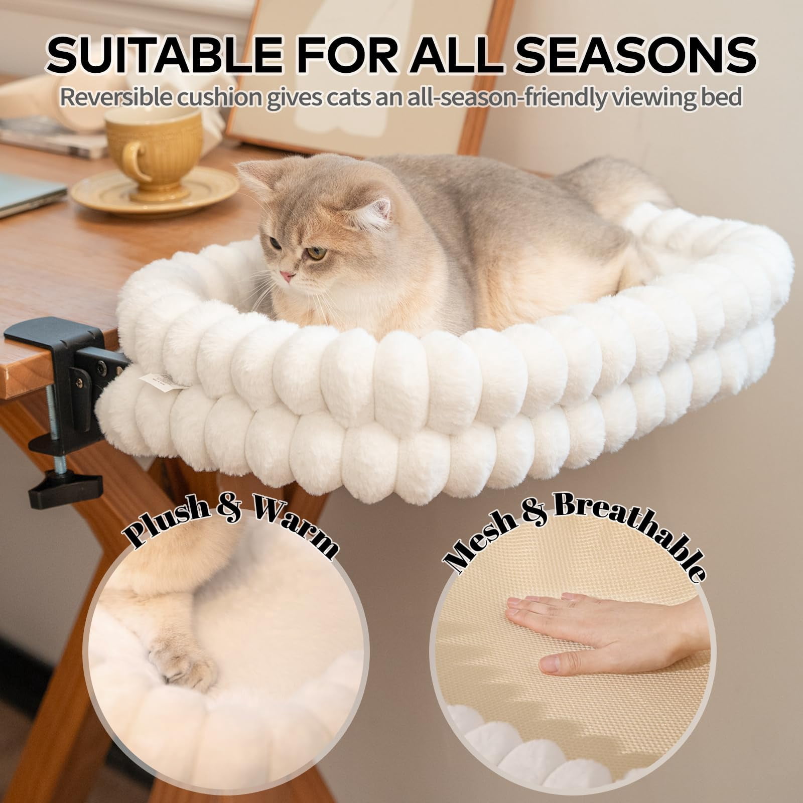 Cat Bed Hammock for Desk – 2-in-1 Reversible Design with Metal Frame – Space-Saving Foldable Cat Perch for Home Office – No Drilling Installation – 60 x 38 cm