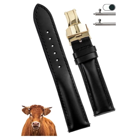 19mm Black Leather Watch Band Men Deployment Clasp Watch Strap Soft Handmade Wristband Quick Release Replacement Gold Butterfly Buckle, Vintage Gift for Father's Day Dad Son Husband DH-201D-G-19MM