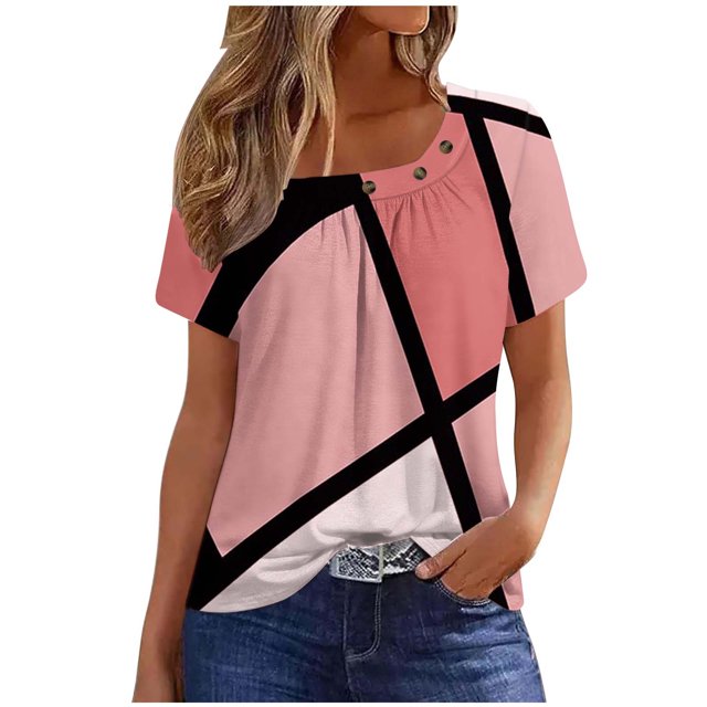 Liquidation Staron Hauts Décontractés pour Femmes à Blocs de Couleur Tunique Plissée Hauts Manches Courtes T-Shirt Chic Décontracté Col Rond Été Chemises Amples Blouses Idées Cadeaux pour Femmes Rose G