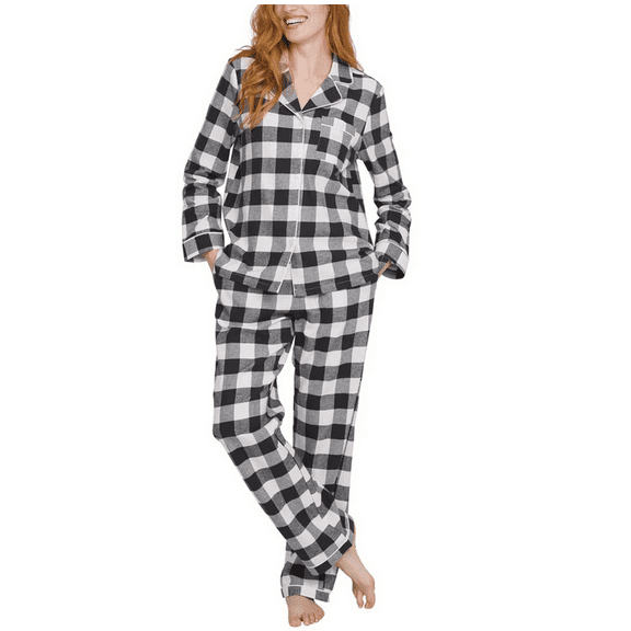 Lands' End Women's 2 Piece Flannel Pajama Set (White, M)