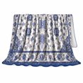 thumbnail image 2 of Chinoiserie Floral Medallion Porcelain Blue Pattern, Cozy Botanical Garden Scene, Warm Flannel Blanket for Sunroom and Reading Nook, Garden Lovers Thanksgiving Gift, Artistic Home Decor, 2 of 9