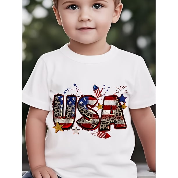 Youngsters' Patriotic USA Graphic Short Sleeve T-Shirt - 100% Cotton Casual Round Neck Tee with Stars & Stripes Design, Spring Summer Fall Essential, Hand Wash Only, Ideal Birthday Gift for Boys & Gi