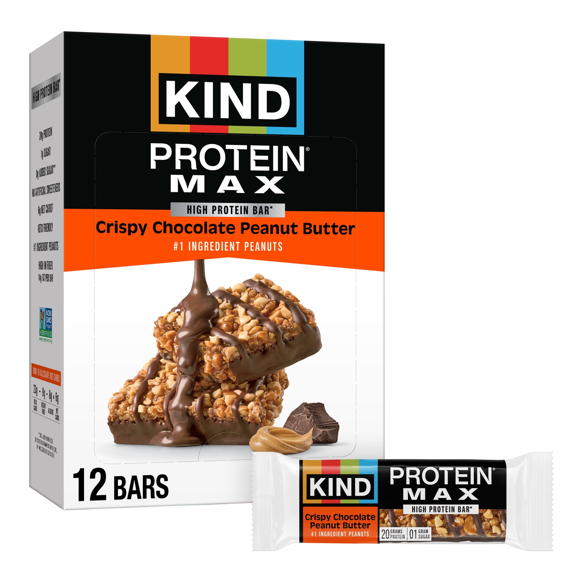 KIND Protein Max Bars, Crispy Chocolate Peanut Butter, Gluten Free, 20g Protein, 12 Count
