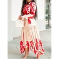 thumbnail image 3 of Women'S Autumn Floral Dress Boho Long Sleeve Lapel Midi Sundress Flowy Dress Red (With Belt) L, 3 of 8