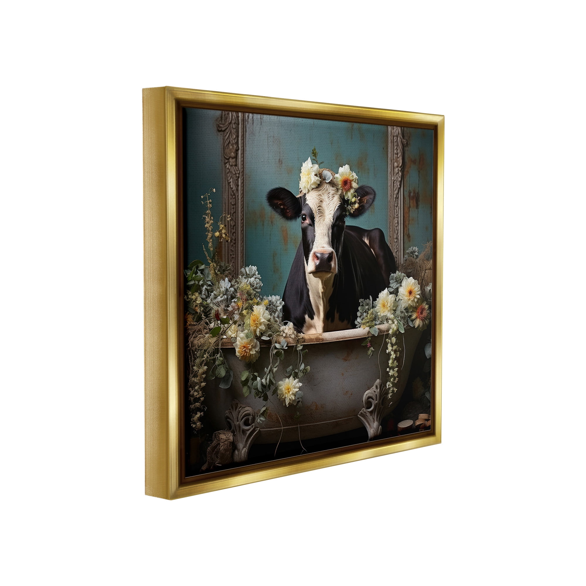 Stupell Industries Vintage Cow in Bathtub Animals & Insects Painting Gold Floater Framed Canvas Art Print Wall Art, 18 x 18