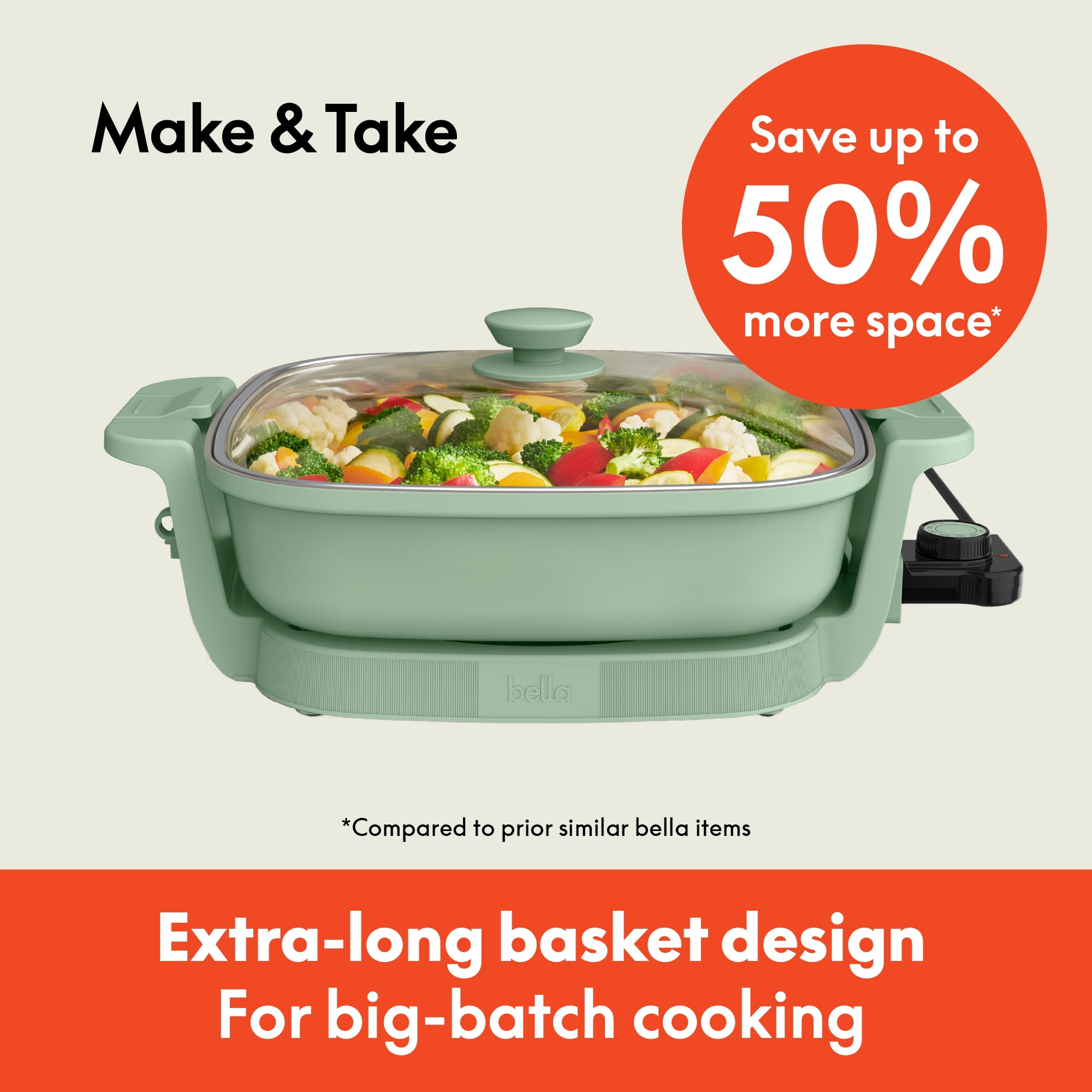 bella 12" Make & Take Electric Skillet with EverGood™ Ceramic Nonstick Coating, Adjustable Temperature, Dishwasher-Safe Glass Lid, Seaglass