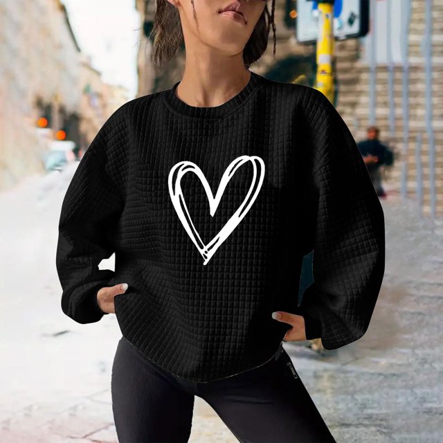 kkbbma Liquidation à Moins de 1$ Chandails en Molleton Imprimé Cœur pour Femmes Automne Décontracté Manches Longues Hauts Confortables Légers Col Rond Chandail