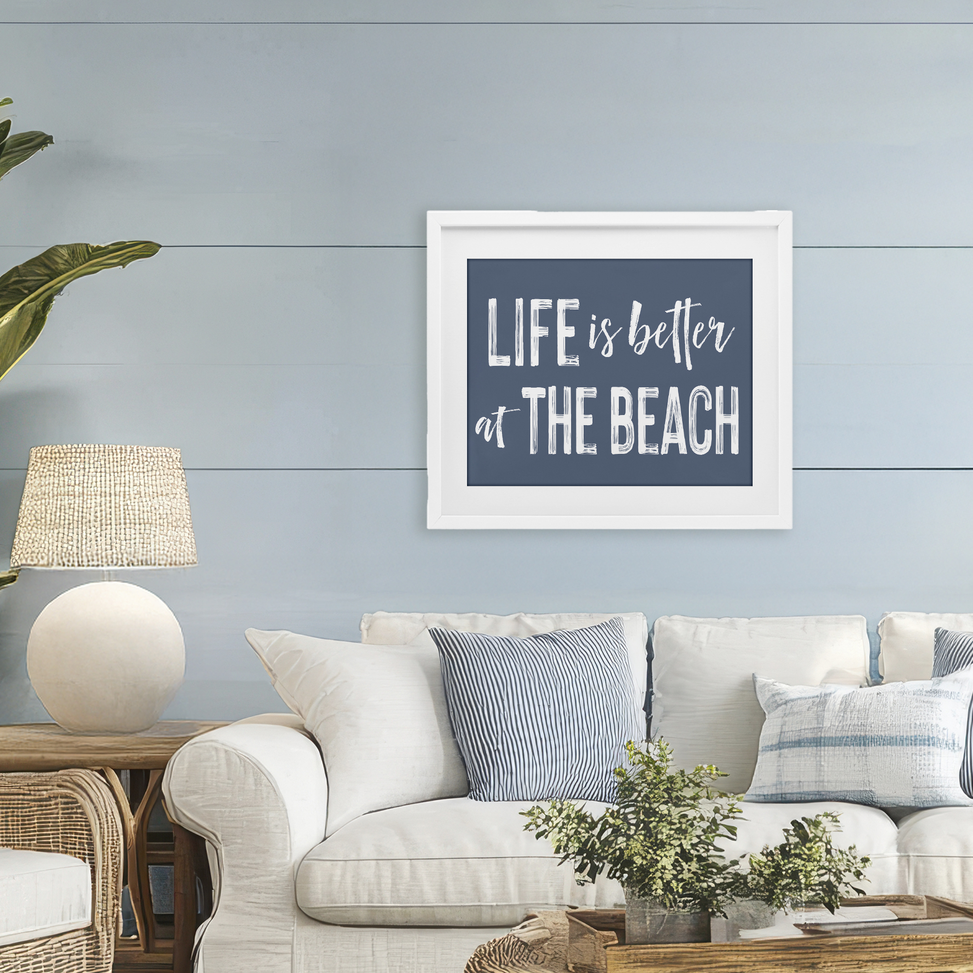 Life Better At Beach Blue White Framed Print Under Glass, design by Lettered and Lined