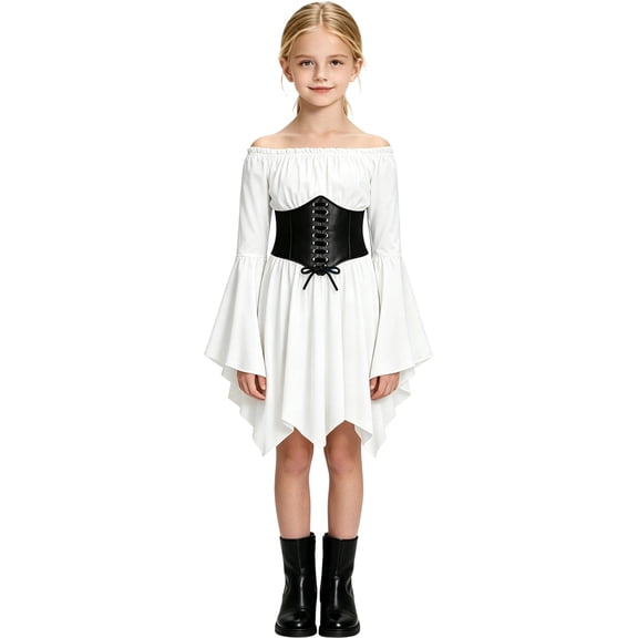 Halloween Girls Renaissance Dress Off Shoulder Dresses with Corset Belt Flared Long Sleeve Pleated Asymmetrical Hem Flowy Lightweight Pirate Themed Party Halloween Dress