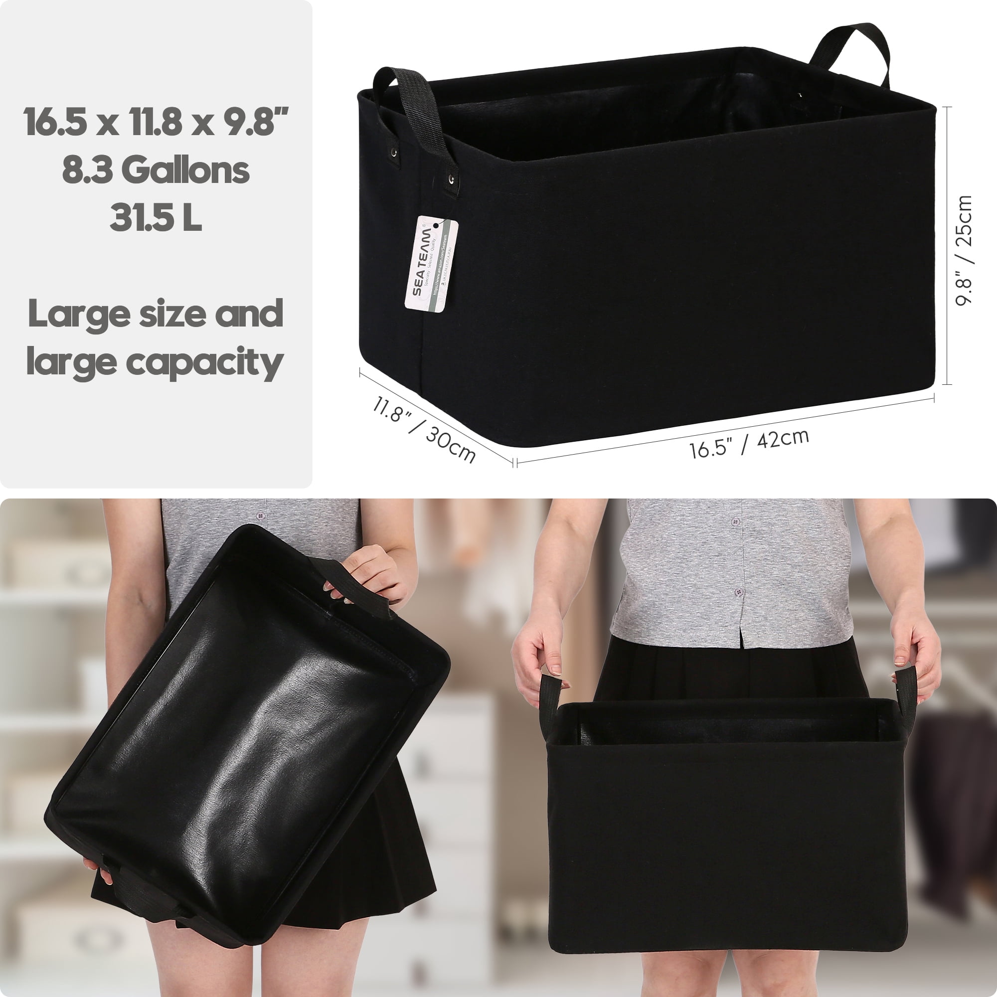 Sea Team 2-Pack Large Canvas Storage Bins for Shelves with Metal Frame, Rectangle Storage Baskets, Closet Organizers, Foldable Laundry Hampers, Containers for Clothing, Blankets, Toys, Black