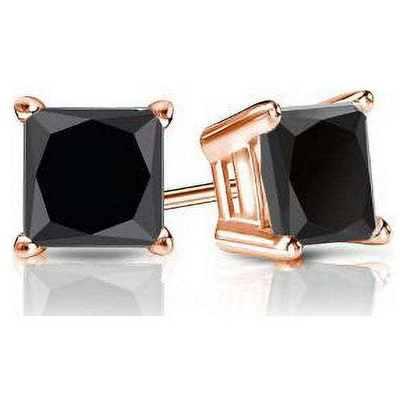 Bonjour Jewelers 14k Rose Gold Created Black Diamond Princess Cut Stud Earrings 4mm Plated