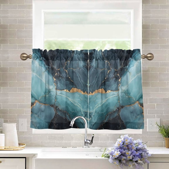 Yayeee Kitchen Curtains Tier Pair Light Filtering 27"x36" Rod Pocket Short Cafe Window Panel, Black Marble