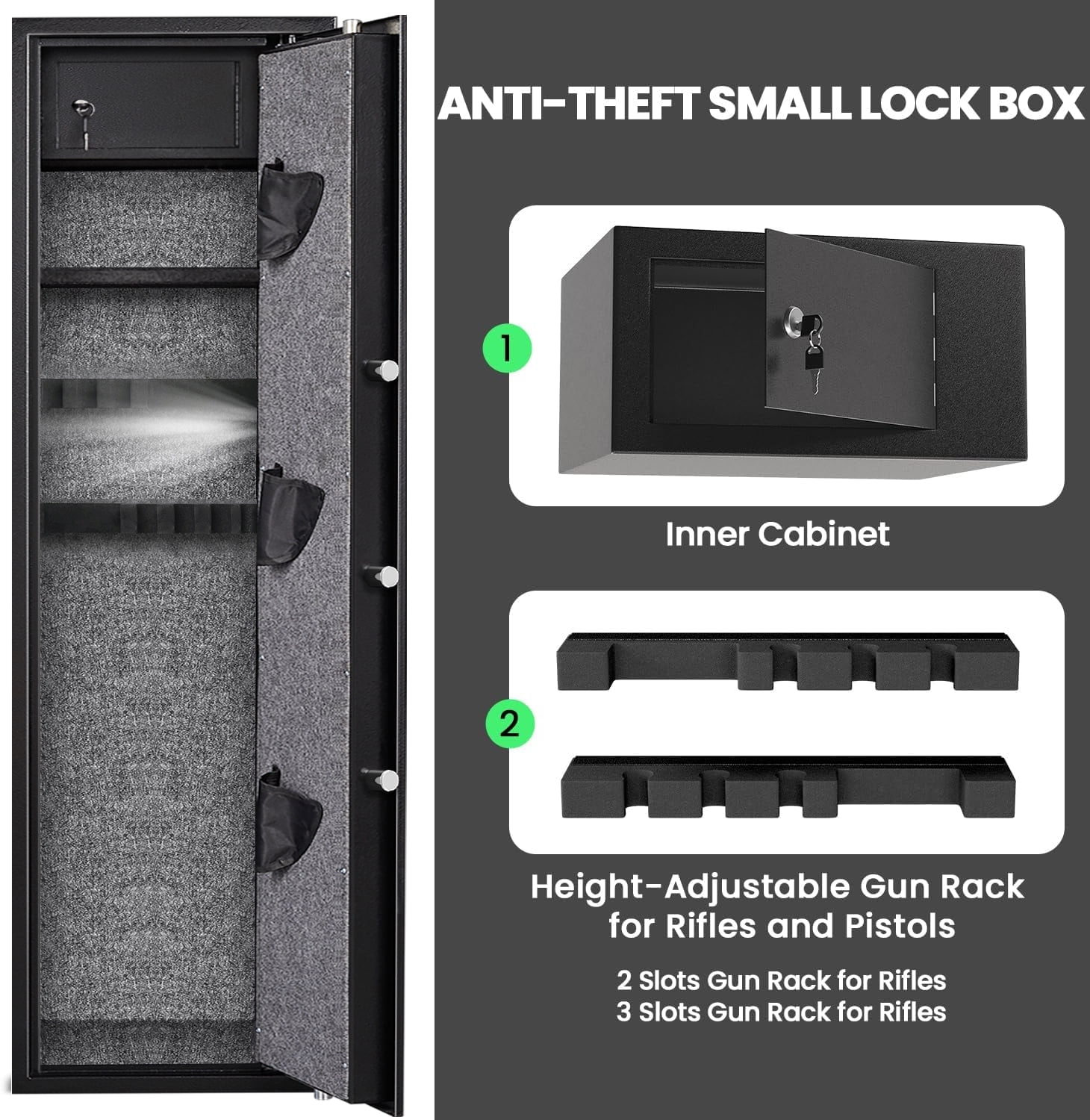 Kavey 5-6 Gun Safe, Fingerprint Gun Safe with Inner Cabinet, Long Gun Safe with Adjustable Shelf & Pistol Bag, Gun Cabinet for Shotguns with Dual Alarm System & Mute Mode