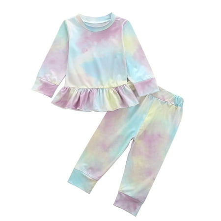 

AIMAOMI Baby Girls Cute Tie-Dye Ruffle Keep Warm Tops+Pants Outfits Set H