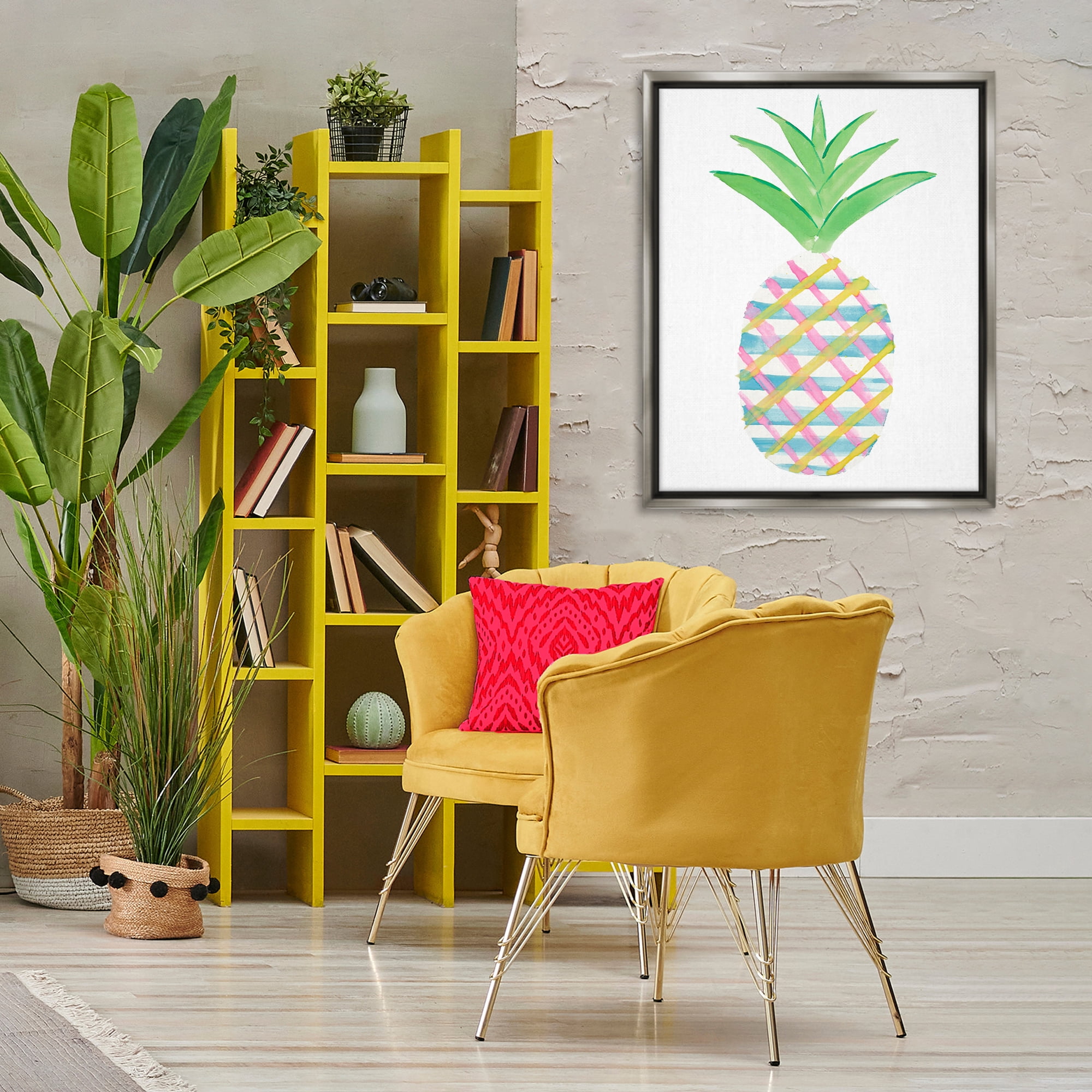 Stupell Industries Plaid Pineapple Fruit Food & Beverage Painting Gray Floater Framed Canvas Art Print Wall Art, 25 x 31