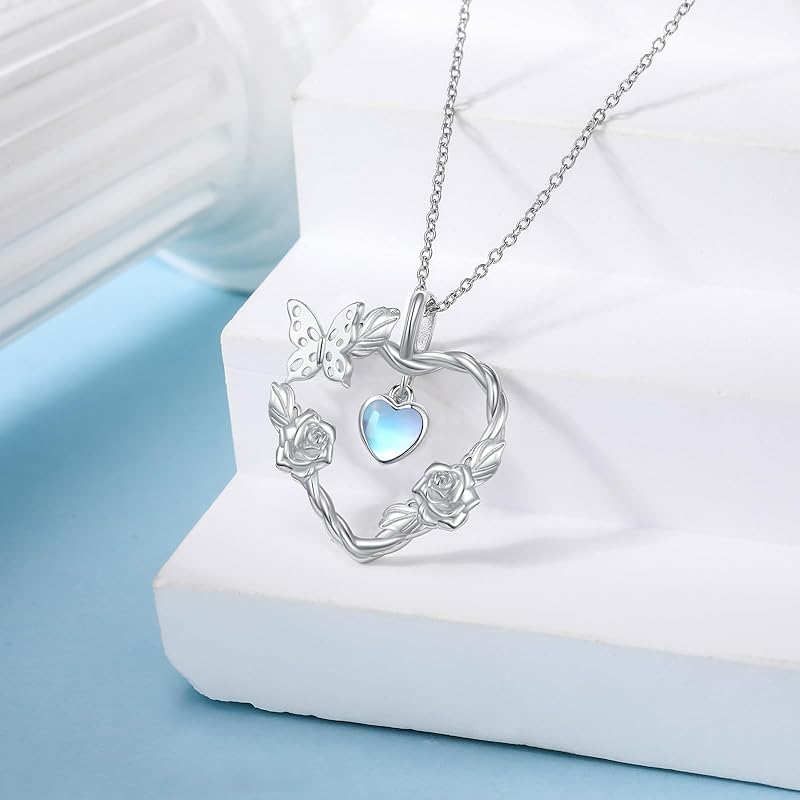 SISGEM Natural Moonstone Butterfly Pendant Necklace for Women 925 Sterling Silver Moonstone Gemstone Jewelry for Her