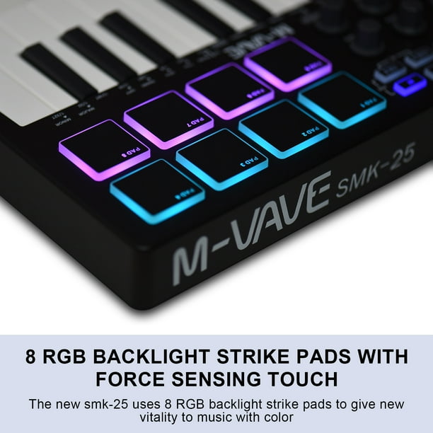 M-WAVE 25-Key USB MIDI Keyboard Controller, Backlit Pads, Semi