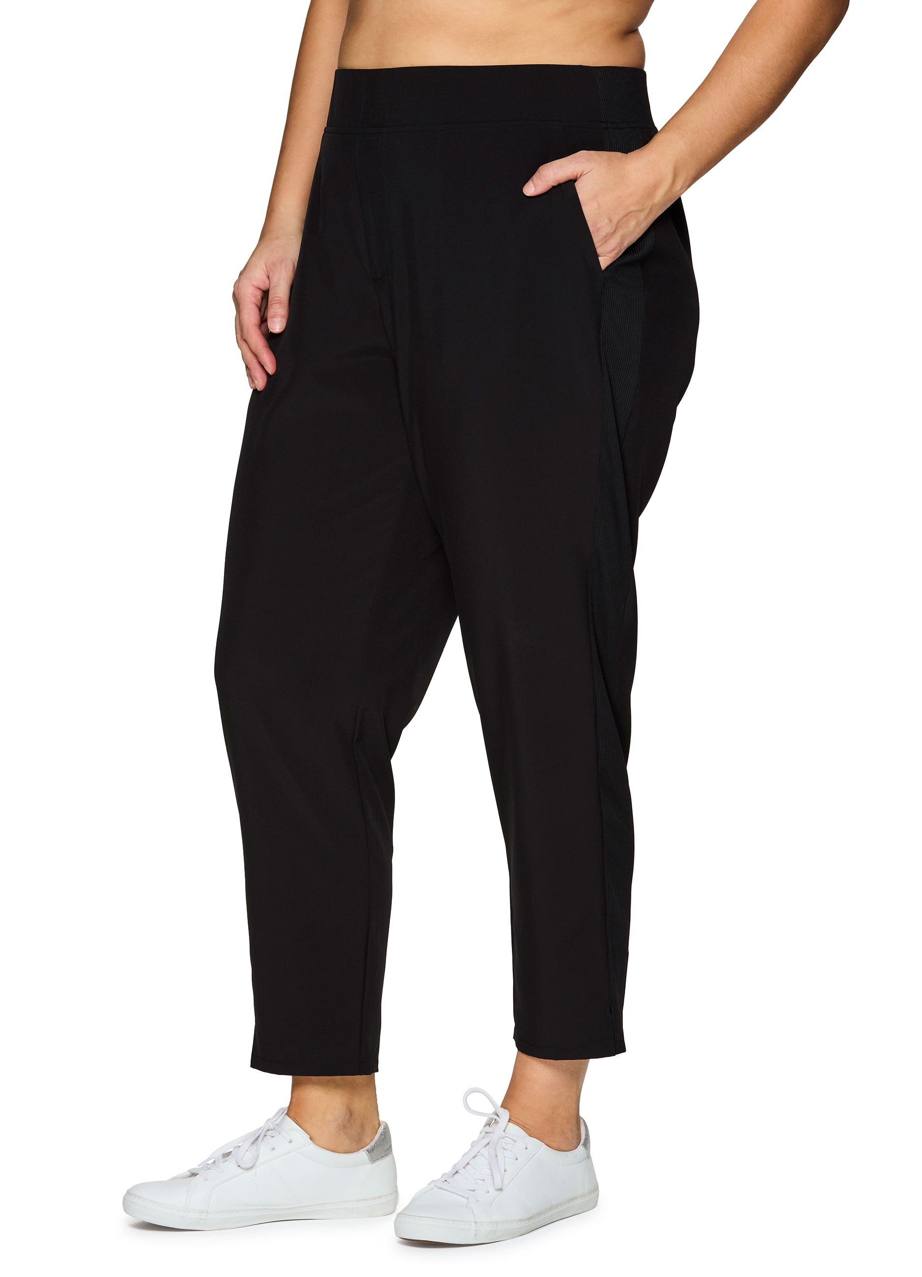 RBX Active Women's Plus Size Ribbed Side Woven Ankle Pant With Pockets