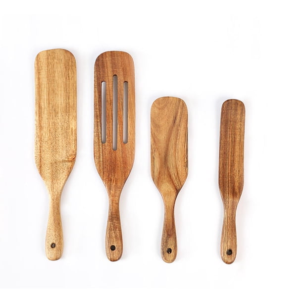 Juego de 4 Utensilios de Cocina de Madera de Teca Natural con Mangos Largos para Sartenes Antiadherentes Wok y Mezcla