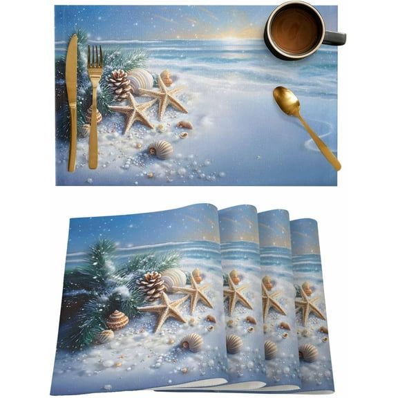 Placemats Set of 6, Cotton Linen Heat Table Mats Non-Slip Washable Winter Sea Snow Starfish Shell Pine Needle Placemat for Holiday Banquet Dining Kitchen Table Decor