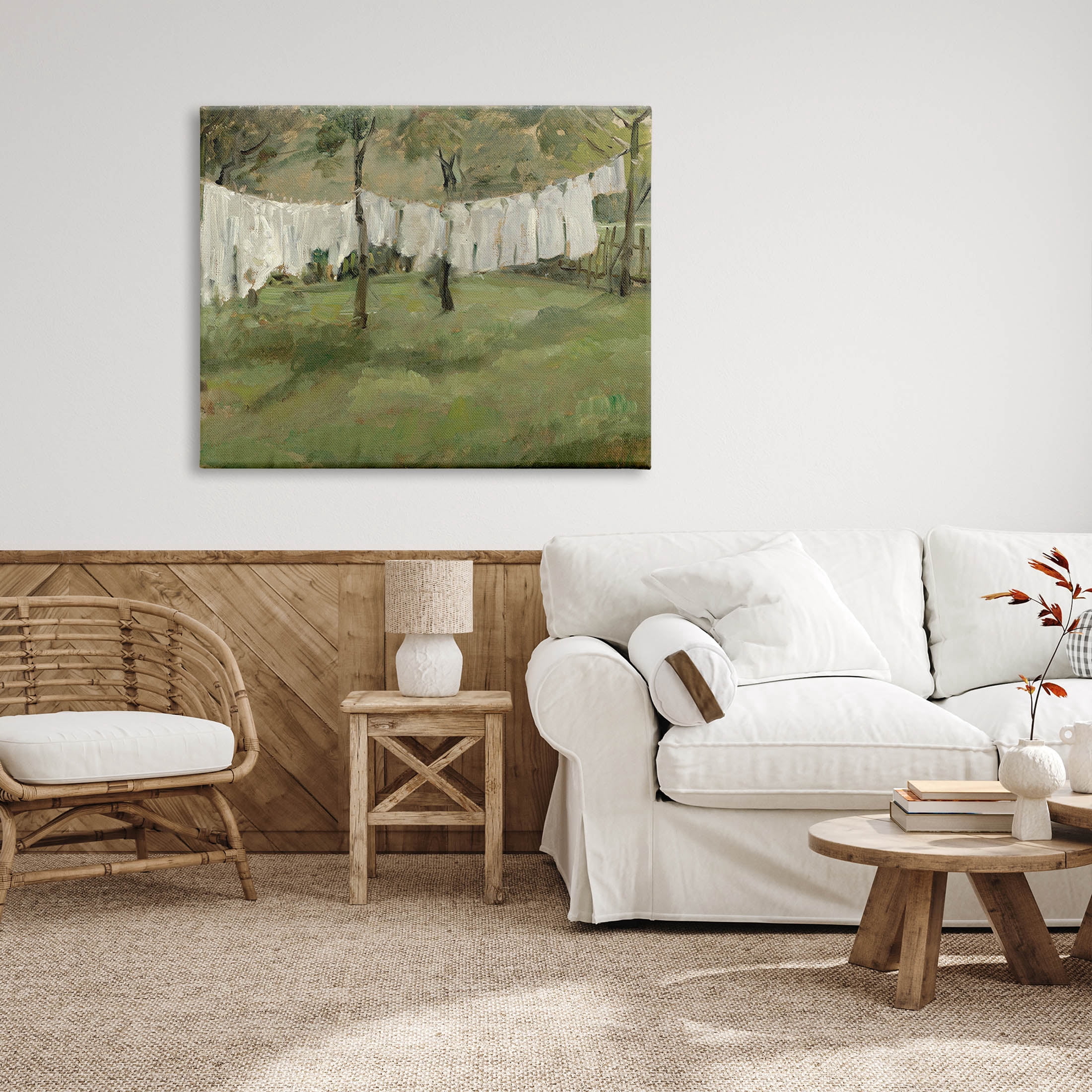Soothing Yard Clothesline Scene Landscape Painting Gallery Wrapped Canvas Print Wall Art
