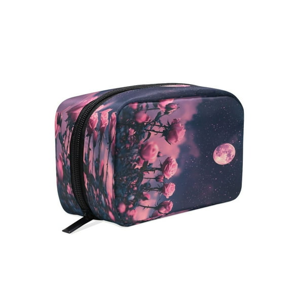 BZSMCE Makeup and Cosmetic Bag Women Simple Pink Roses and Full Moon Pattern Square Cosmetic Bag