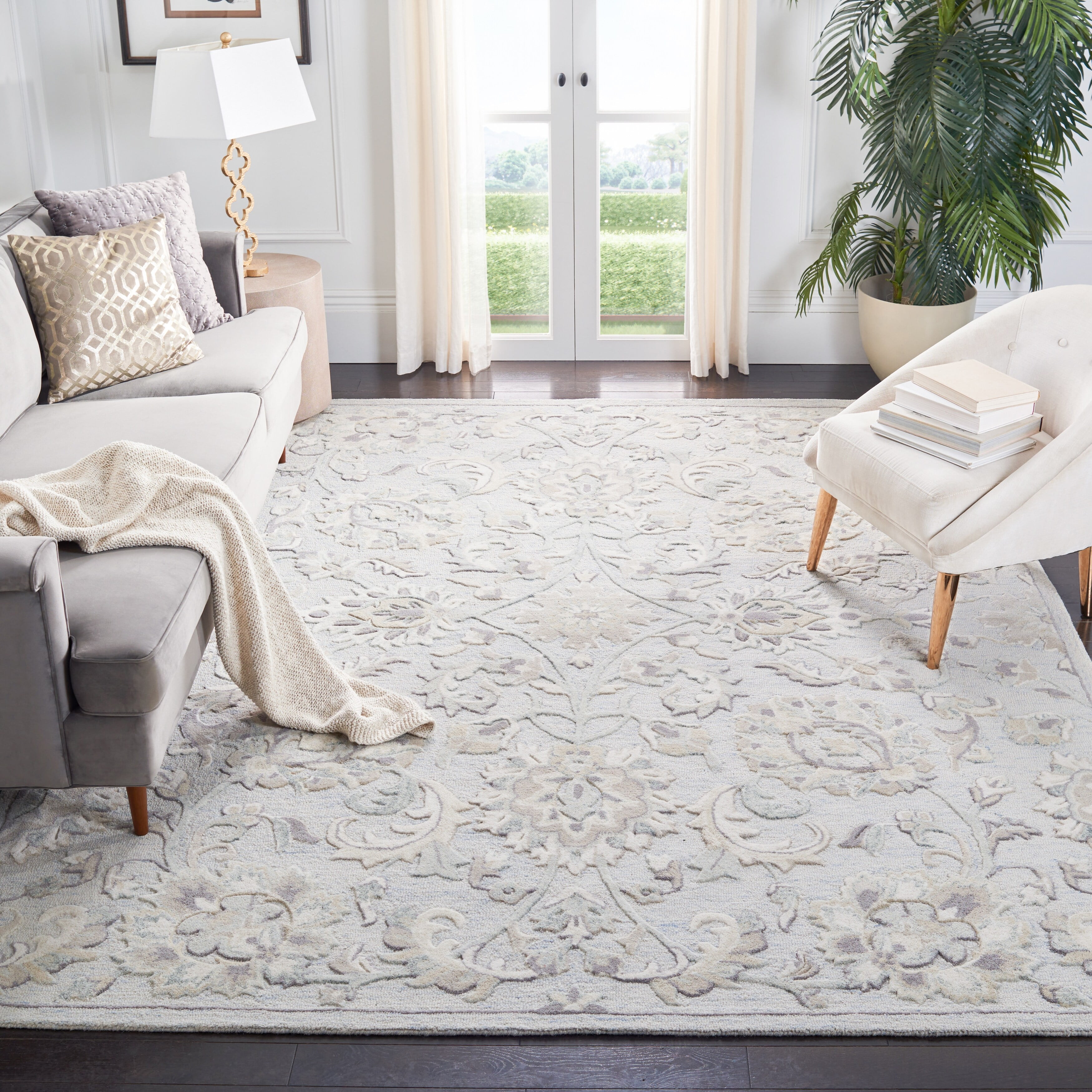 SAFAVIEH Glamour Catrine Bordered Wool Area Rug, Blue/Beige, 5' x 8'
