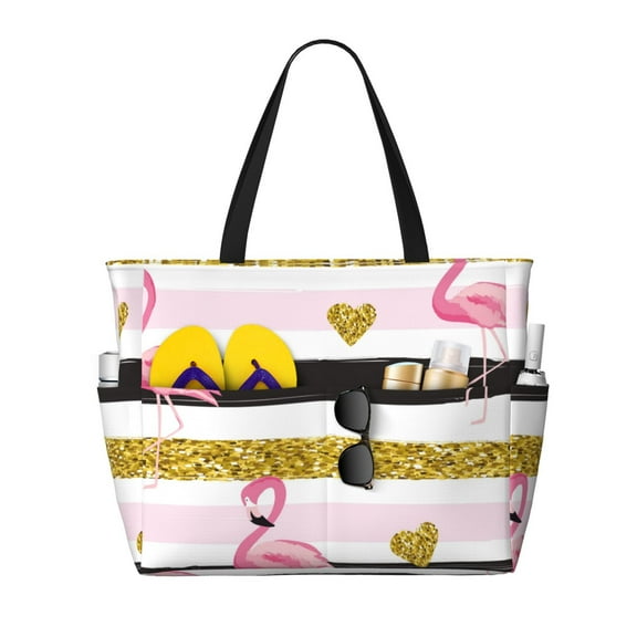 Large Beach Bags Water-resistant Sandproof - Gold Glittering Hearts and Flamingos Cute Beach Tote Bags for Women with Zipper