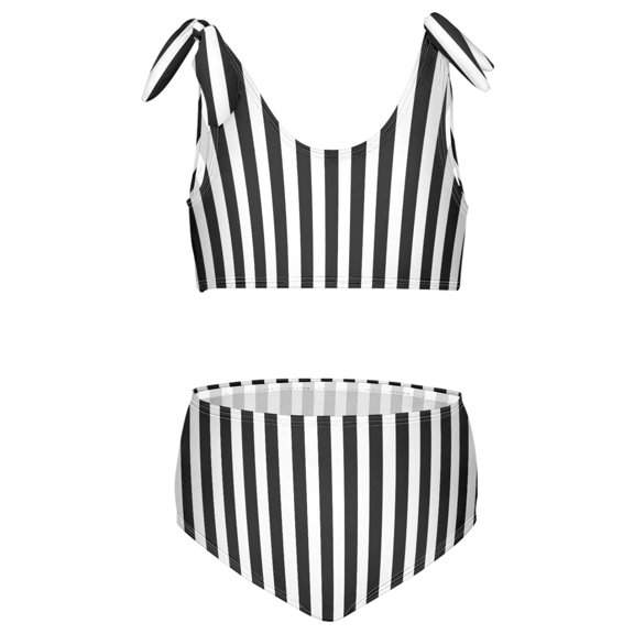 joogoo Girls 2 Piece White and Black Stripe Print Swimsuit Set Kids with Adjustable Straps Bathing Suit Summer Beach Pool Swimwear for 7-8T
