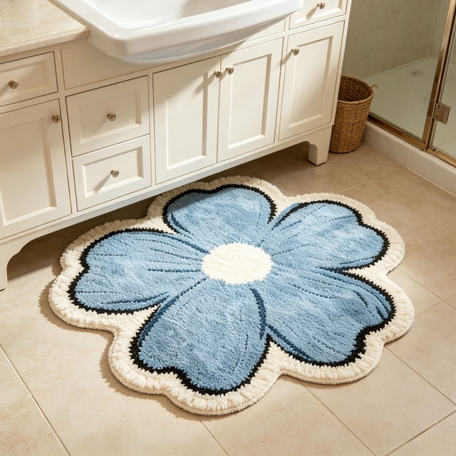 Linnome Flower Shape Bathroom Floor Mat Soft Highly Absorbent Antiskid Bath Rug Decorative 23.62x23.62 Inch