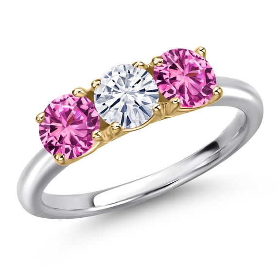 Gem Stone King 10K Two Tone Gold White Moissanite and Pink Created Sapphire Engagement Ring for Women | 1.60 Cttw | Round 5MM | Gemstone Birthstone | Size 5