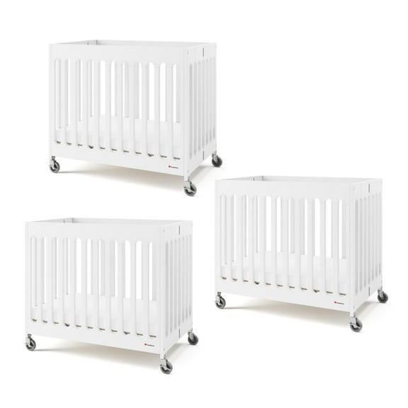 Foundations Boutique Compact Folding Crib 3-Pack with 3" Mattresses, Locking Wheels, White