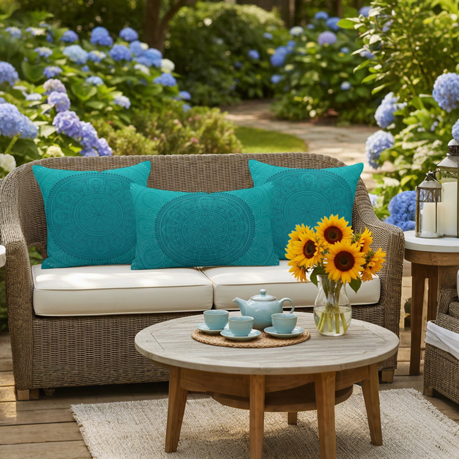 Teal Boho Outdoor Pillow Covers 18x18 Inch Throw Pillow Covers Set of 2 Waterproof Decorative Pillow Cases Farmhouse Abstract Geometric Aesthetic Art Cushion Covers for Patio Furniture Garden Couch