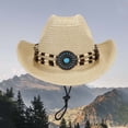 thumbnail image 2 of XINPING Women's Western Straw Cowboy Sun Hat, Wide Brim UV Protection Beach Vacation Hat with Beaded Band and Adjustable Chin Strap for Outdoor Activities, 2 of 5