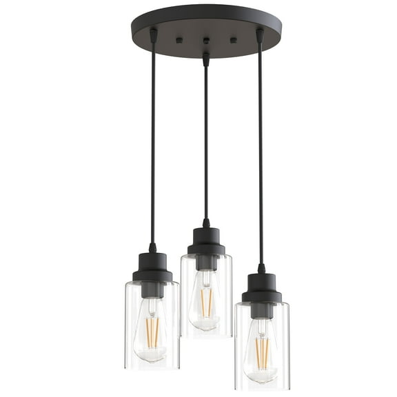 YANSUN 3-Light Black Vintage Cluster Hanging Ceiling light Fixture Pendant with Clear Glass Shade for Kitchen Dining Room