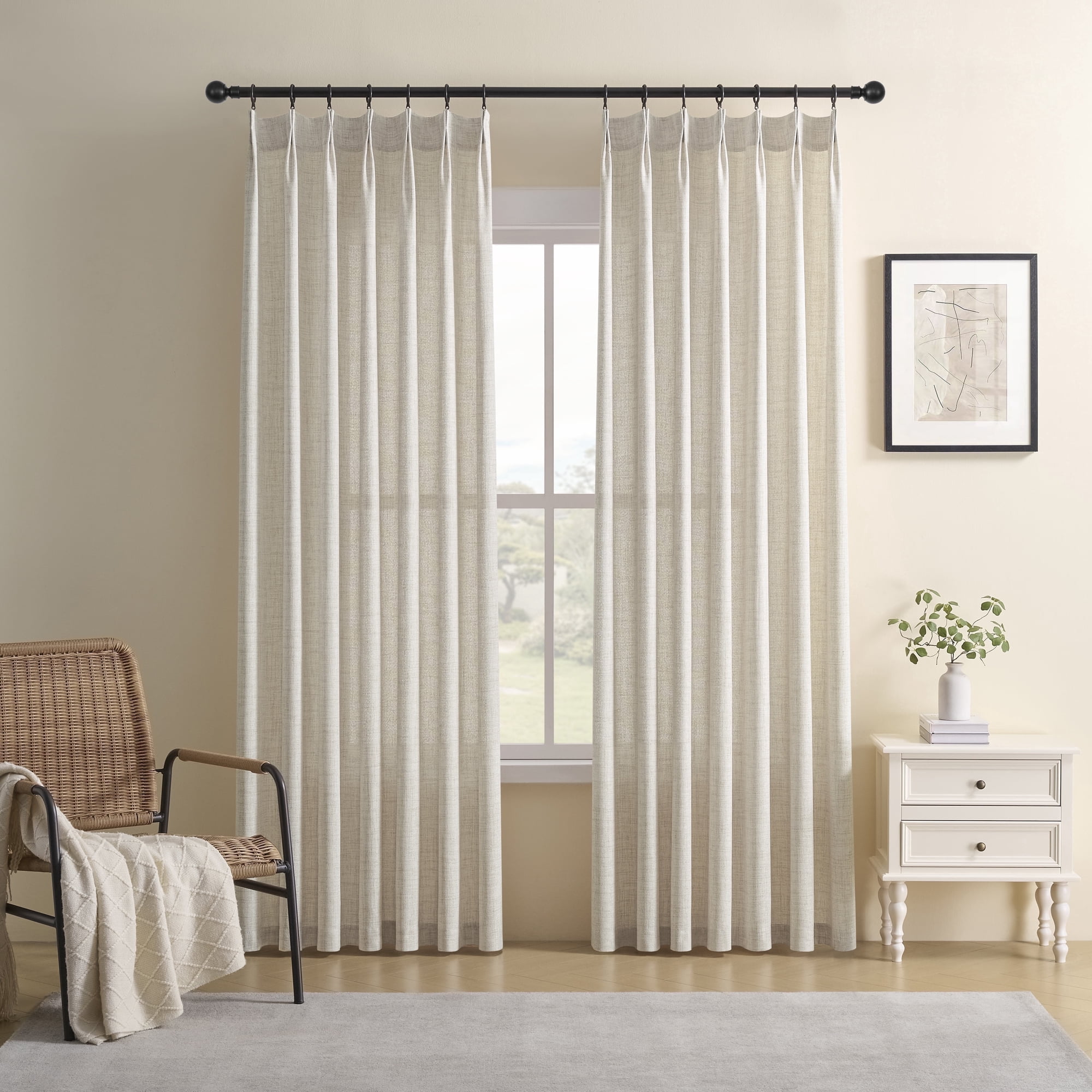 Muuphra Pinch Pleated Light Filtering Linen Blended Curtains with Metal Rings and Hooks for Living Room Bedroom,2 Panels,Cream Beige,40"×63"