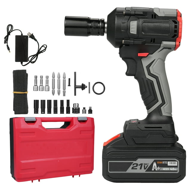 Graflsoa 21V Brushless Cordless Impact Wrench Kit with 350N.m Torque, Variable Speed, LED Light, Battery Indicator, 17 Accessories, Plastic Case, AC100-240V, Black