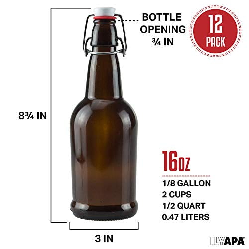 16 oz Amber Glass Beer Bottles for Home Brewing 12 Pack with Flip Caps