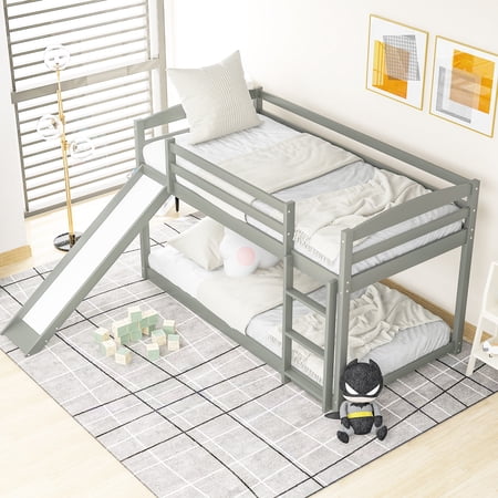 Twin over Twin Floor Bunk Bed with Slide  Low Bunk Bed Frame with Ladder and Full-length Guardrails  Space Saving 2-in-1 Bunk Beds for Kids Adults Bedroom Dorm  Easy Assembly  Gray