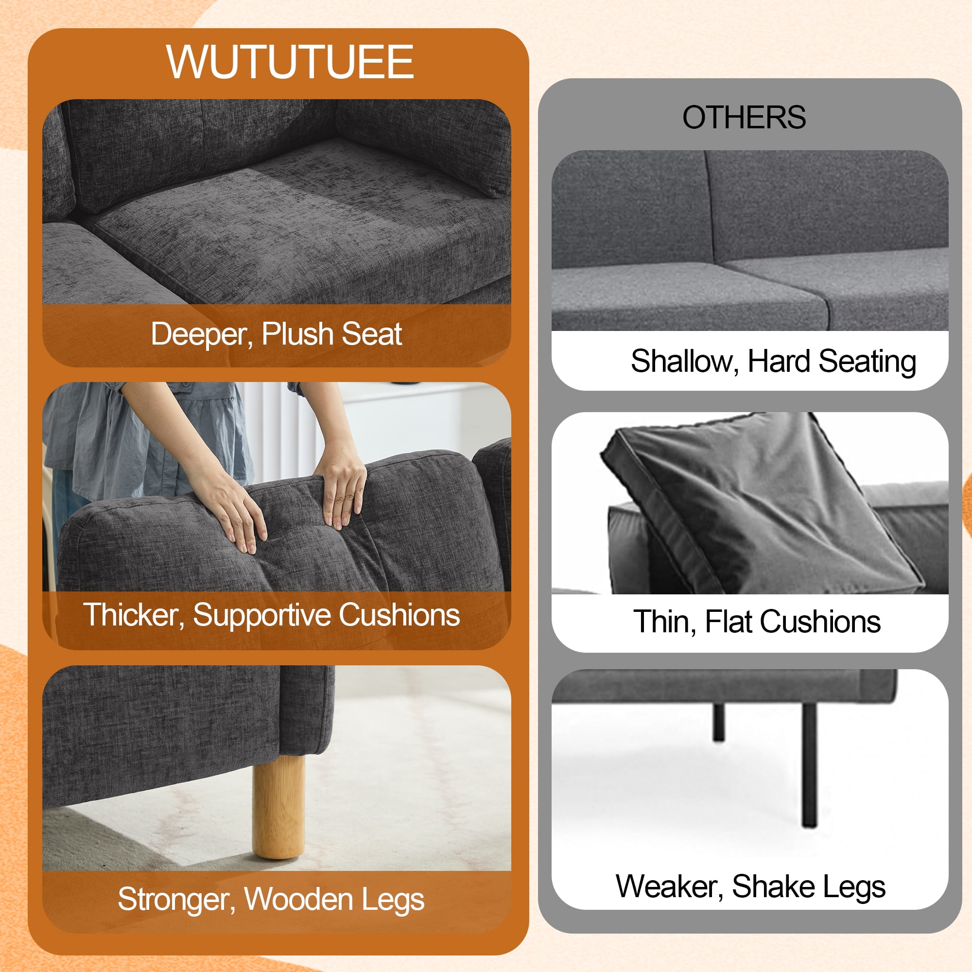 65" Chenille Loveseat Sofa, Modern 2-Seater with Armrest Pillows & Side Storage Pockets, Tufted Upholstered Loveseat for Living Room or Bedroom, Dark Grey