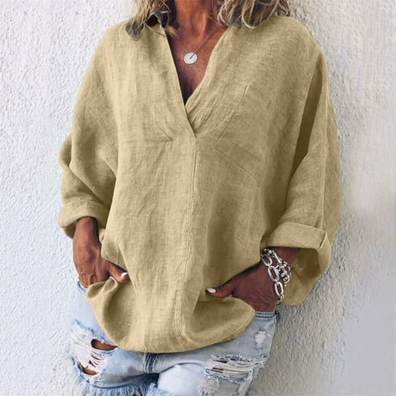 QLEICOM Womens Plus Size Summer Tops, Casual Kaftan Loose Tops, Fashion Solid Cotton And Linen T Shirts, O-Neck Long Sleeve Baggy Pullover Tops Cardigan Blouse Khaki XXL