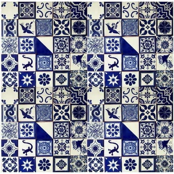 50 Hand Painted Talavera Mexican Tiles 4"x4" Blue & White