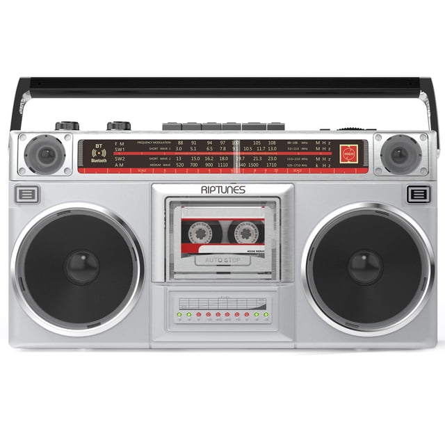 Riptunes Boombox Radio Cassette Player Grabador, Radio AM/FM -SW1/SW2, Transmisión Inalámbrica, Ranuras USB/Micro SD, Entrada Auxiliar, Conector para Auriculares, Convertir Casetes a USB/SD, Estilo Re