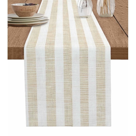 Beige Stripe Table Runner 36 Inches, Vintage Country Geometric Linen Texture Bed Runner Dresser Scarves Tabletop for Indoor Outdoor Parties/Ceremony/Banquet, 13"x 36"