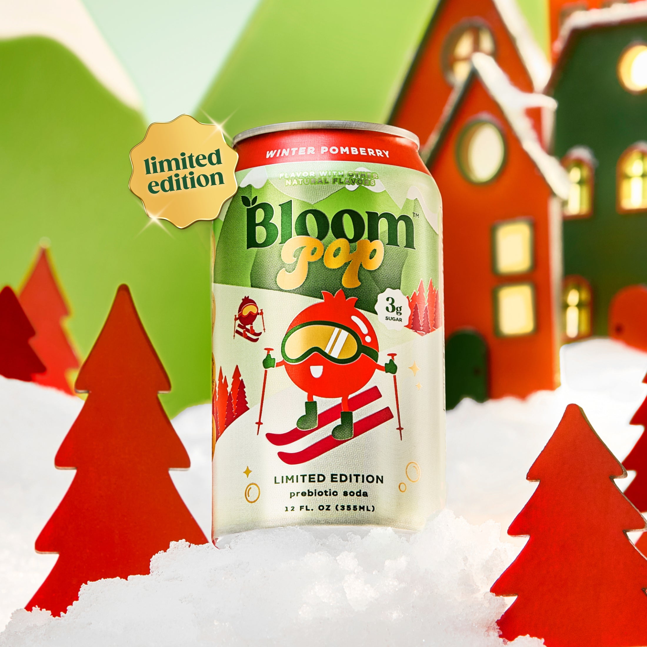 (12 pack) Bloom Nutrition Pop Prebiotic Soda, Winter Pomberry Limited Edition, 12 fl oz, Can