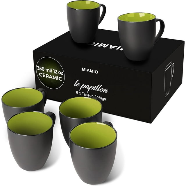 MIAMIO - 6 x 350 ml Stoneware Coffee Mug/Cup Set - Le Papillon Collection (Black-Green)
