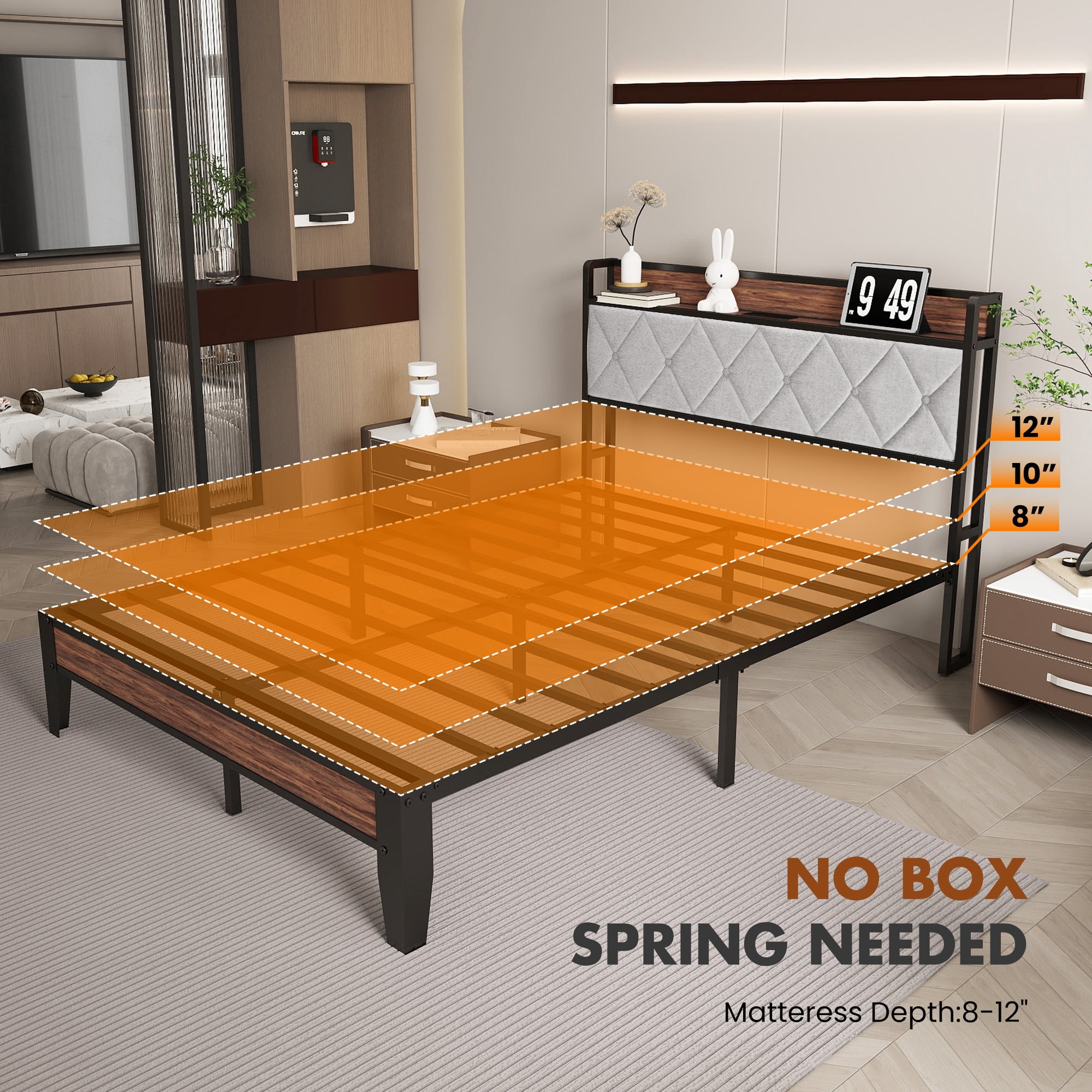 GIANNA Twin Bed Frame with Headboard, Underbed Storage, Built-in Charging Ports, Sturdy Noiseless Design, Tool-Free Assembly, No Box Spring Needed