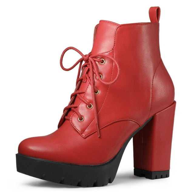 Unique Bargains Women's Round Toe Block High Heel Lace Up Platform Boots
